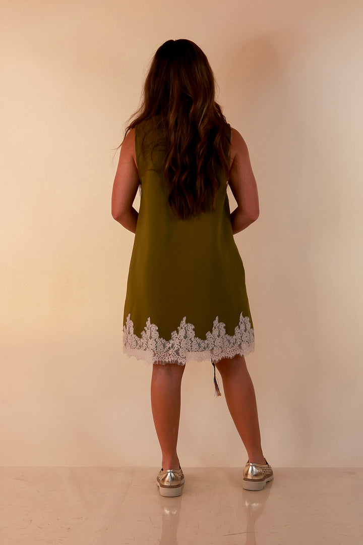 Just a Little Something Sleeveless Knit Mini Dress with Lace Trim in Chartreuse Olive Green