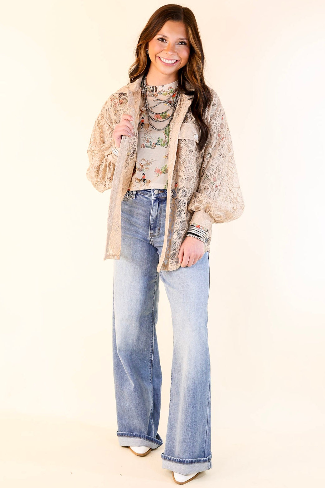 Sheer Chic Collared Button Up Lace Top in Taupe