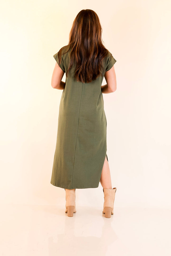 Effortlessly Lovely Short Sleeve Midi Tee Shirt Dress in Olive Green