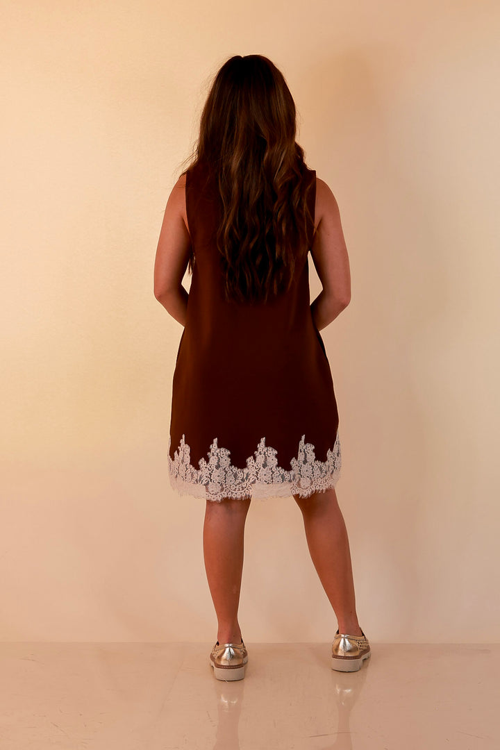 Just a Little Something Sleeveless Knit Mini Dress with Lace Trim in Chocolate Brown