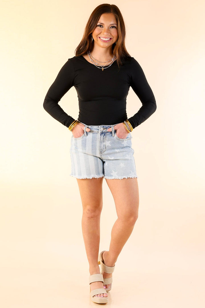 Judy Blue | All American Fray Hem Shorts with Bleached Stars and Stripes Design in Light Wash