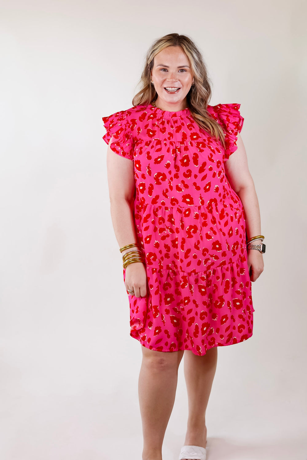 Daring and Delightful Leopard Print Dress with Ruffle Cap Sleeves in Pink - Giddy Up Glamour Boutique