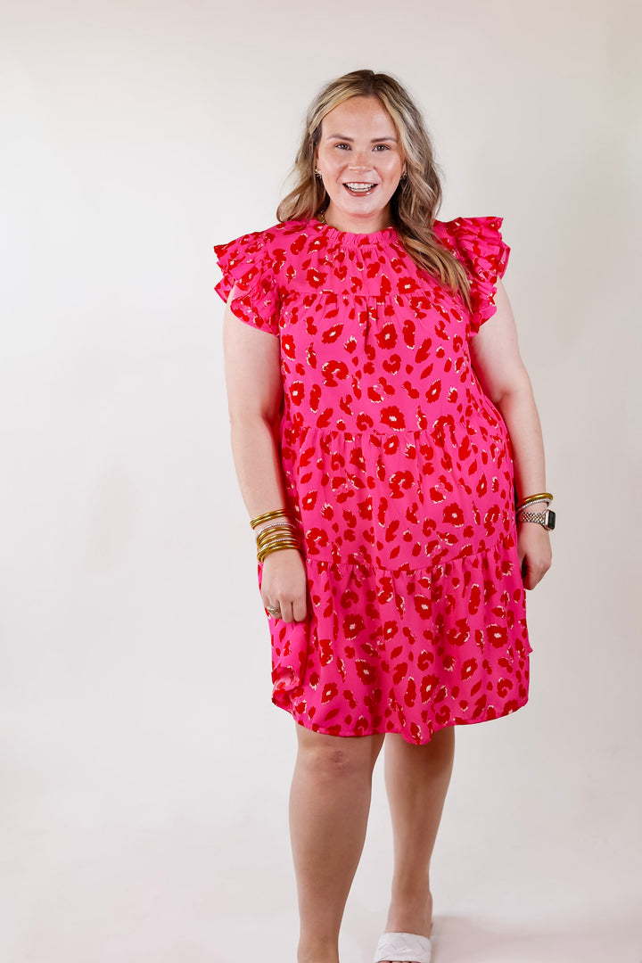 Daring and Delightful Leopard Print Dress with Ruffle Cap Sleeves in Pink - Giddy Up Glamour Boutique