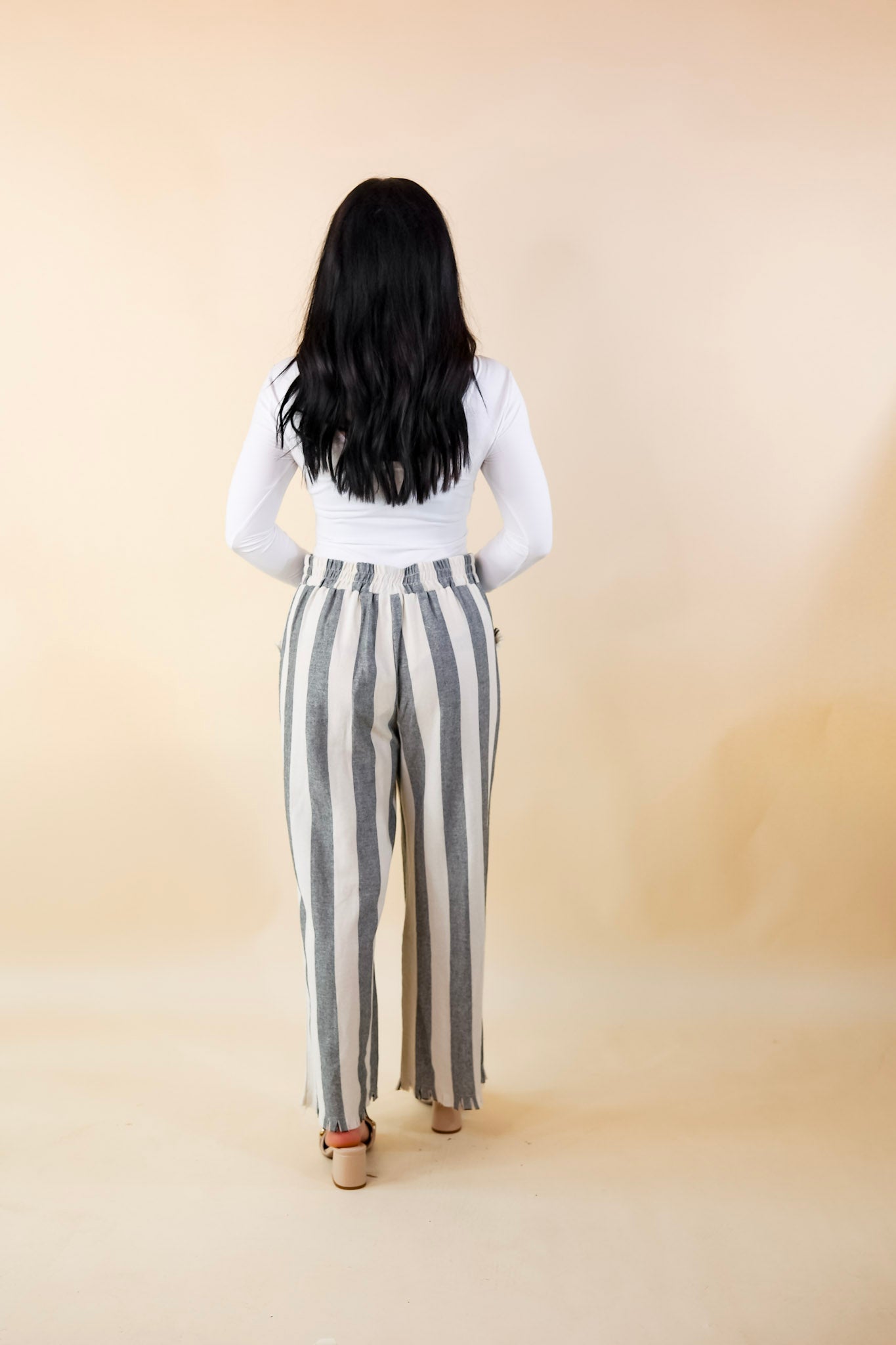 Right On Cue Elastic Waistband Striped Cropped Pants with Frayed Hem in Black - Giddy Up Glamour Boutique