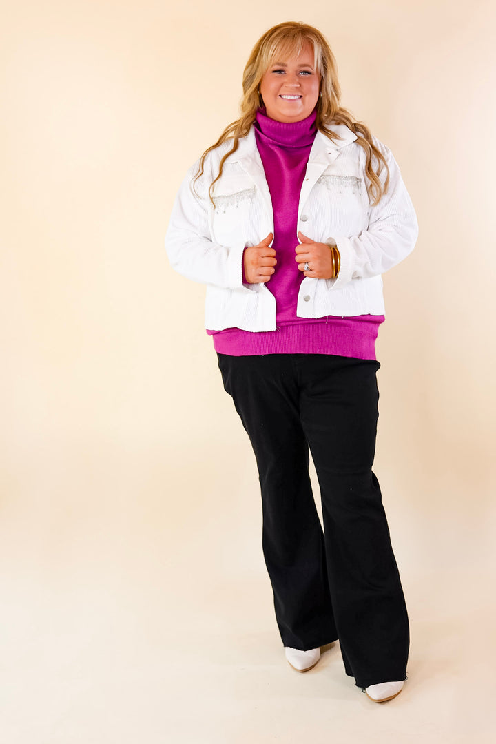 Made To Shine Crystal Fringe Pocket Cropped Corduroy Jacket in White - Giddy Up Glamour Boutique