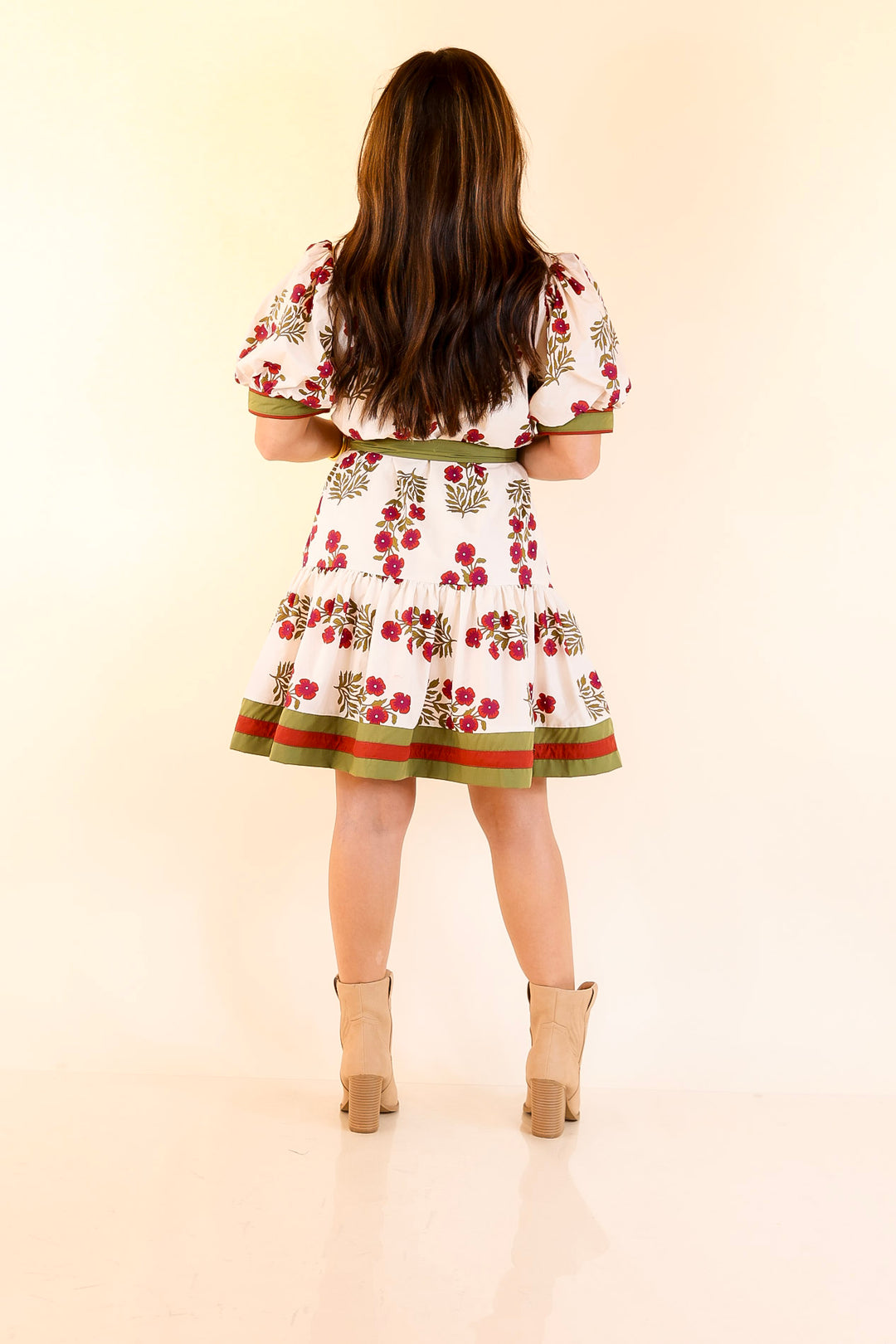 Garden Party Floral Dress with Dropped Skirt and Olive and Maroon Trim in Cream