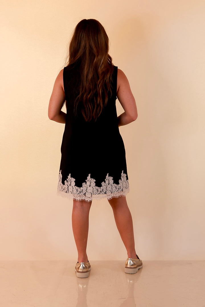 Just a Little Something Sleeveless Knit Mini Dress with Lace Trim in Black