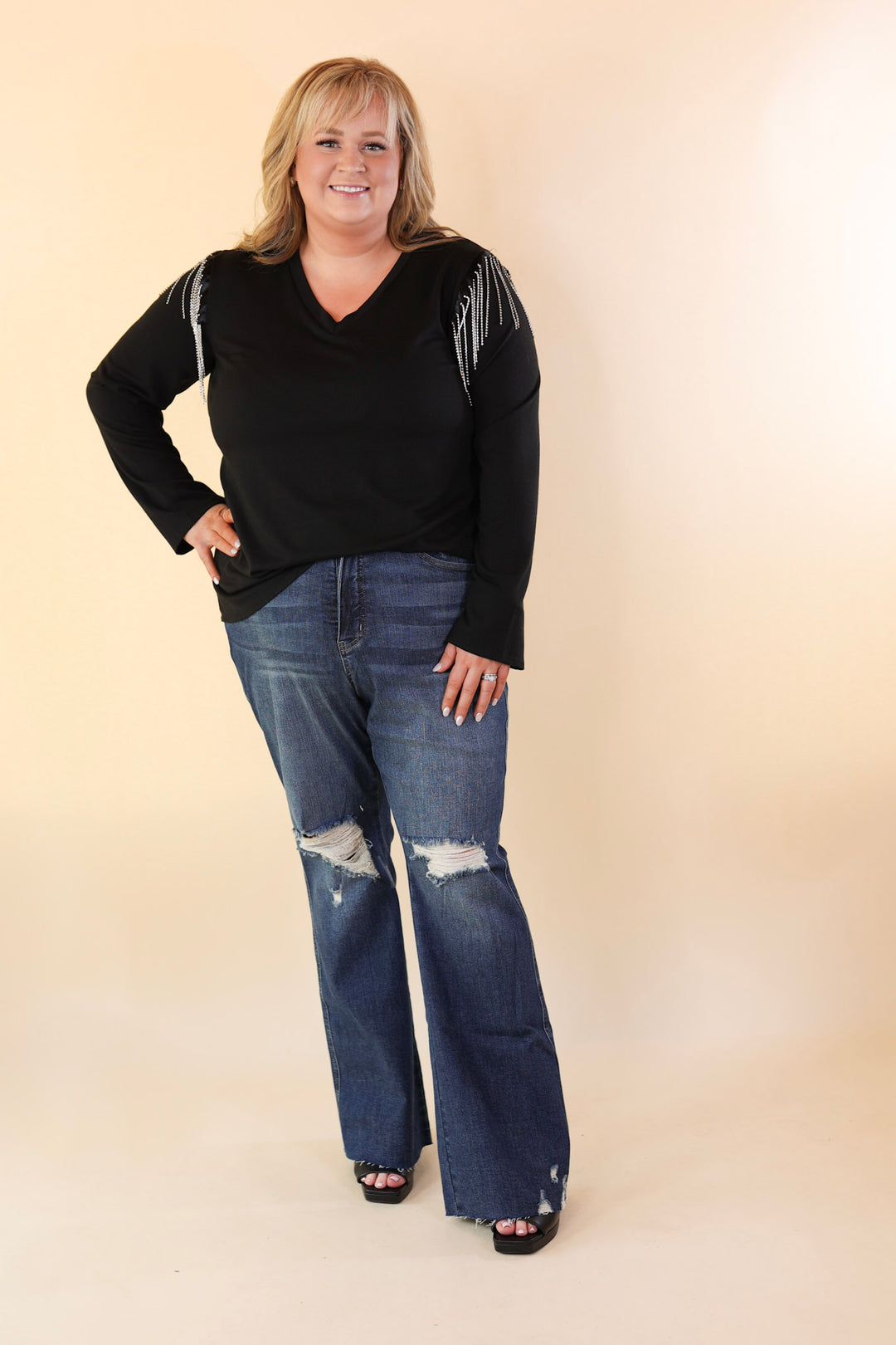 Party Dreams Long Sleeve V Neck Top with Crystal Fringe Shoulders in Black - Giddy Up Glamour Boutique