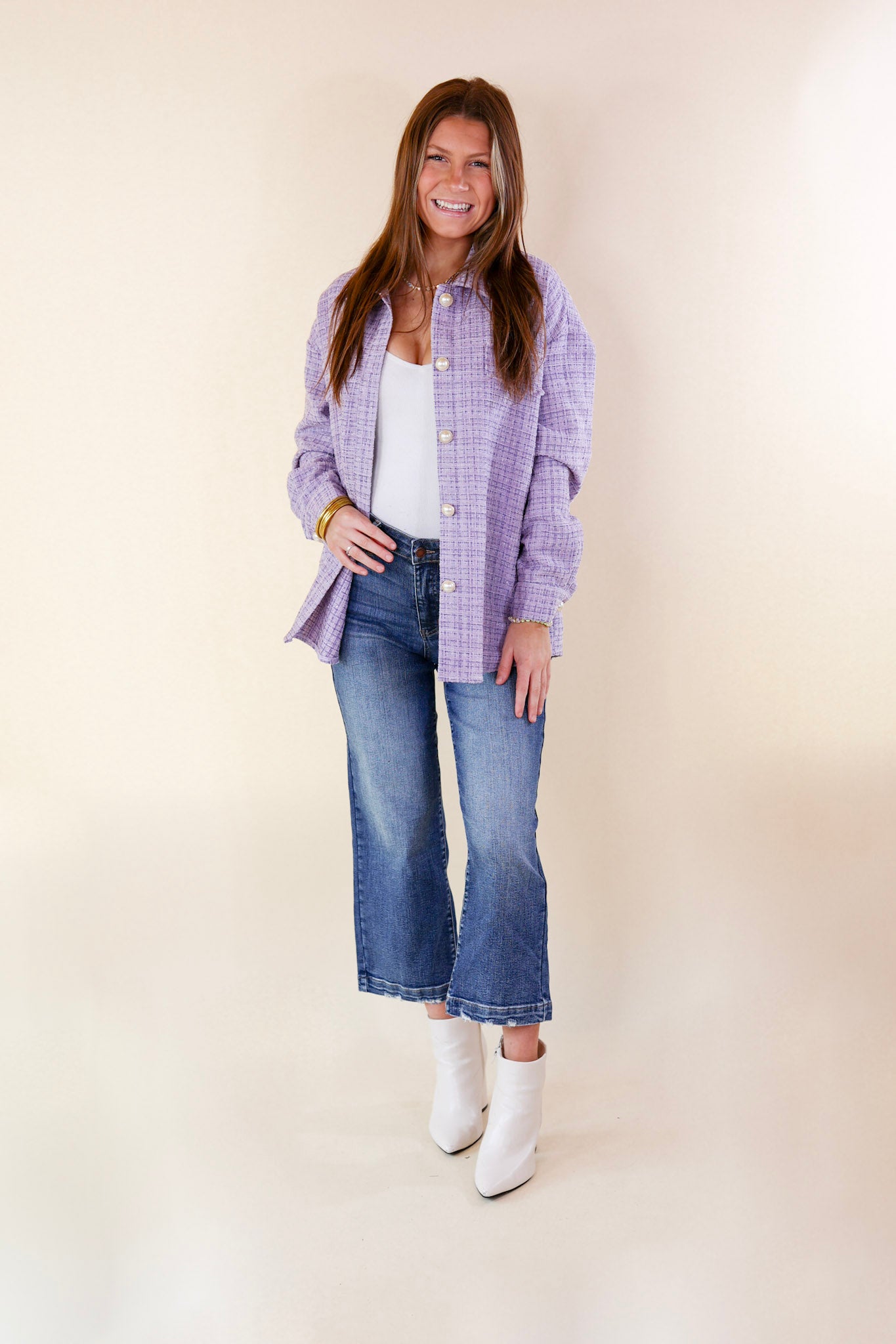 Brooklyn Buzz Pearl Button Up Tweed Shacket in Lavender Purple - Giddy Up Glamour Boutique