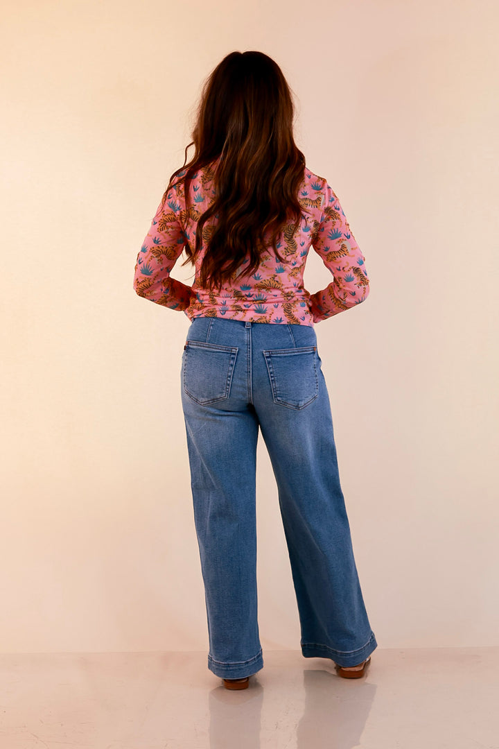 Western Dream Tiger and Floral Print Mesh Long Sleeve Top in Pink