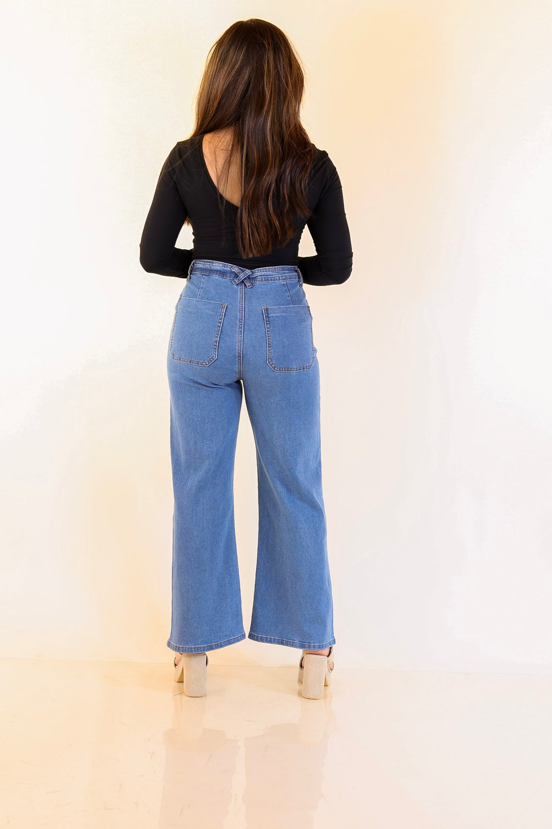 Patch Me In Denim Wide Leg Cropped Jean with Front Patch Pocket and Crochet Trim in Medium Wash