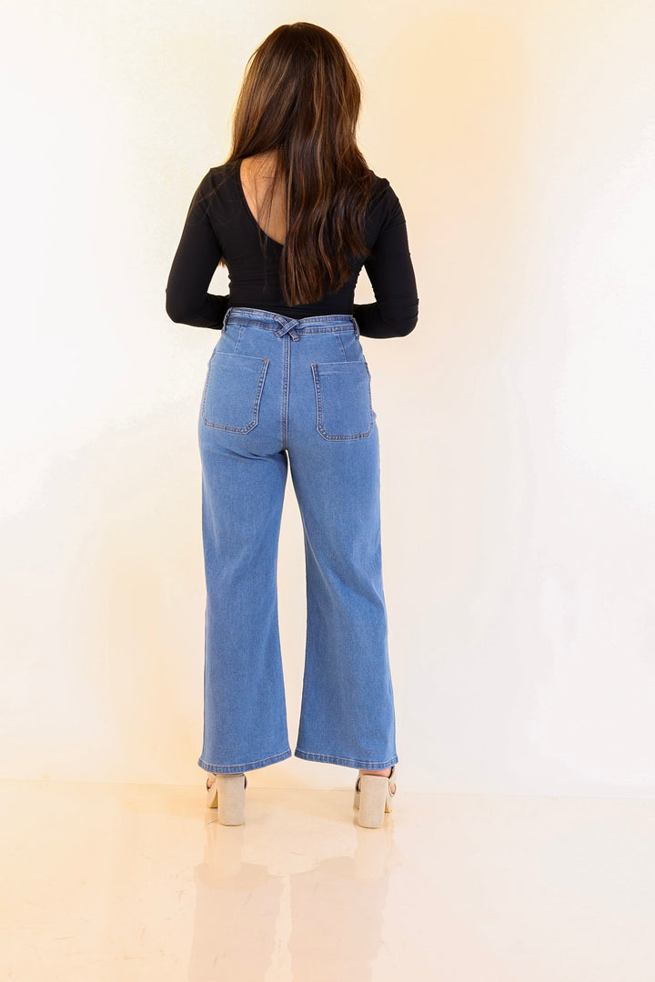Patch Me In Denim Wide Leg Cropped Jean with Front Patch Pocket and Crochet Trim in Medium Wash