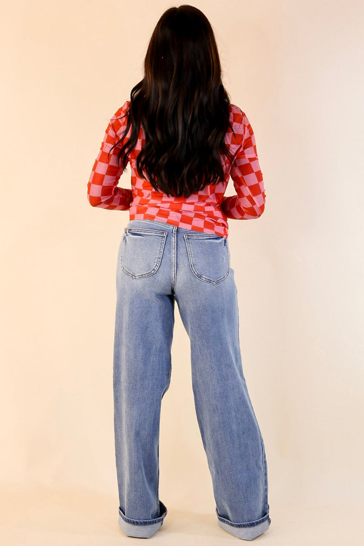 Western Dream Checkered Mesh Long Sleeve Top in Pink and Red