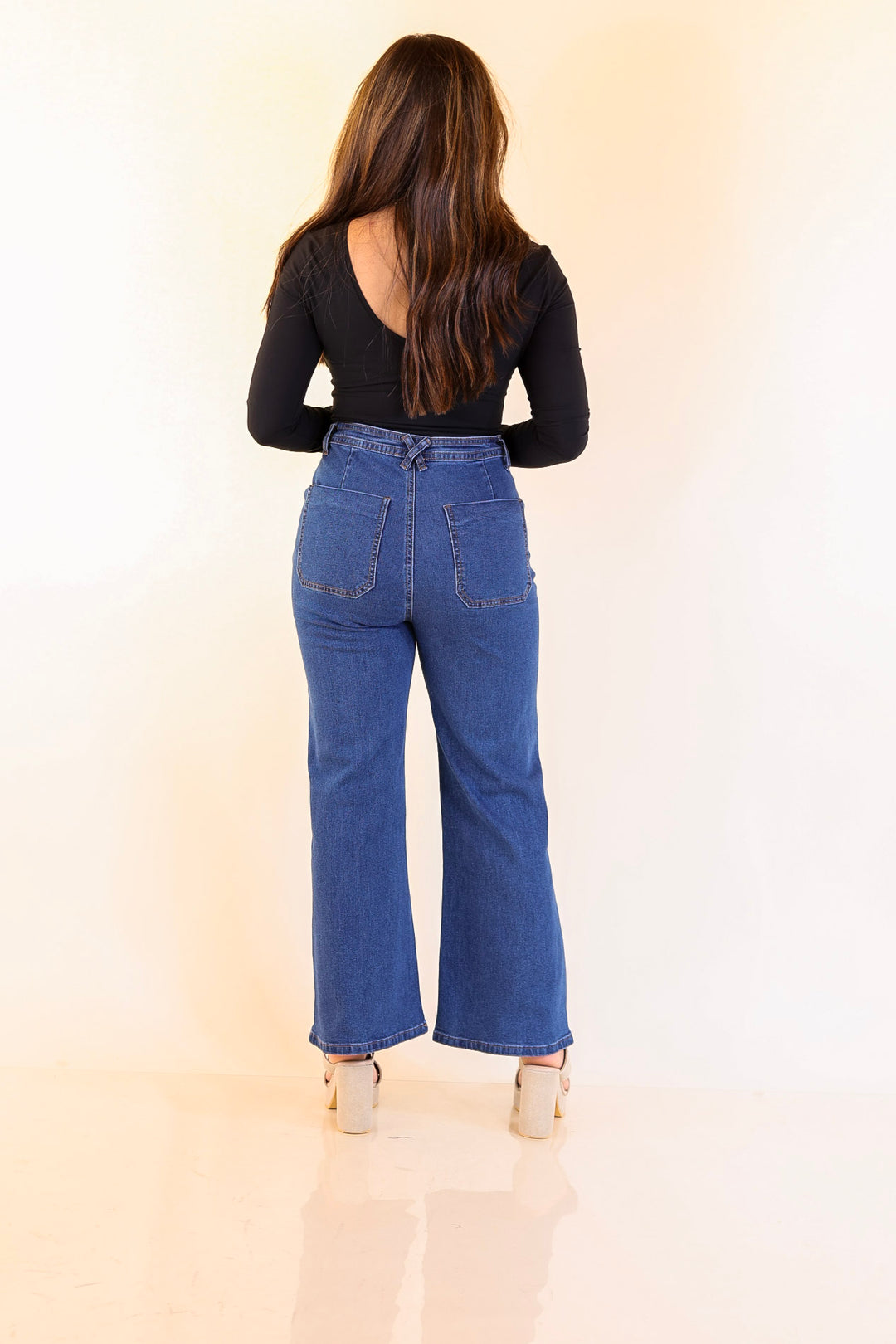 Patch Me In Denim Wide Leg Cropped Jean with Front Patch Pocket and Crochet Trim in Dark Wash