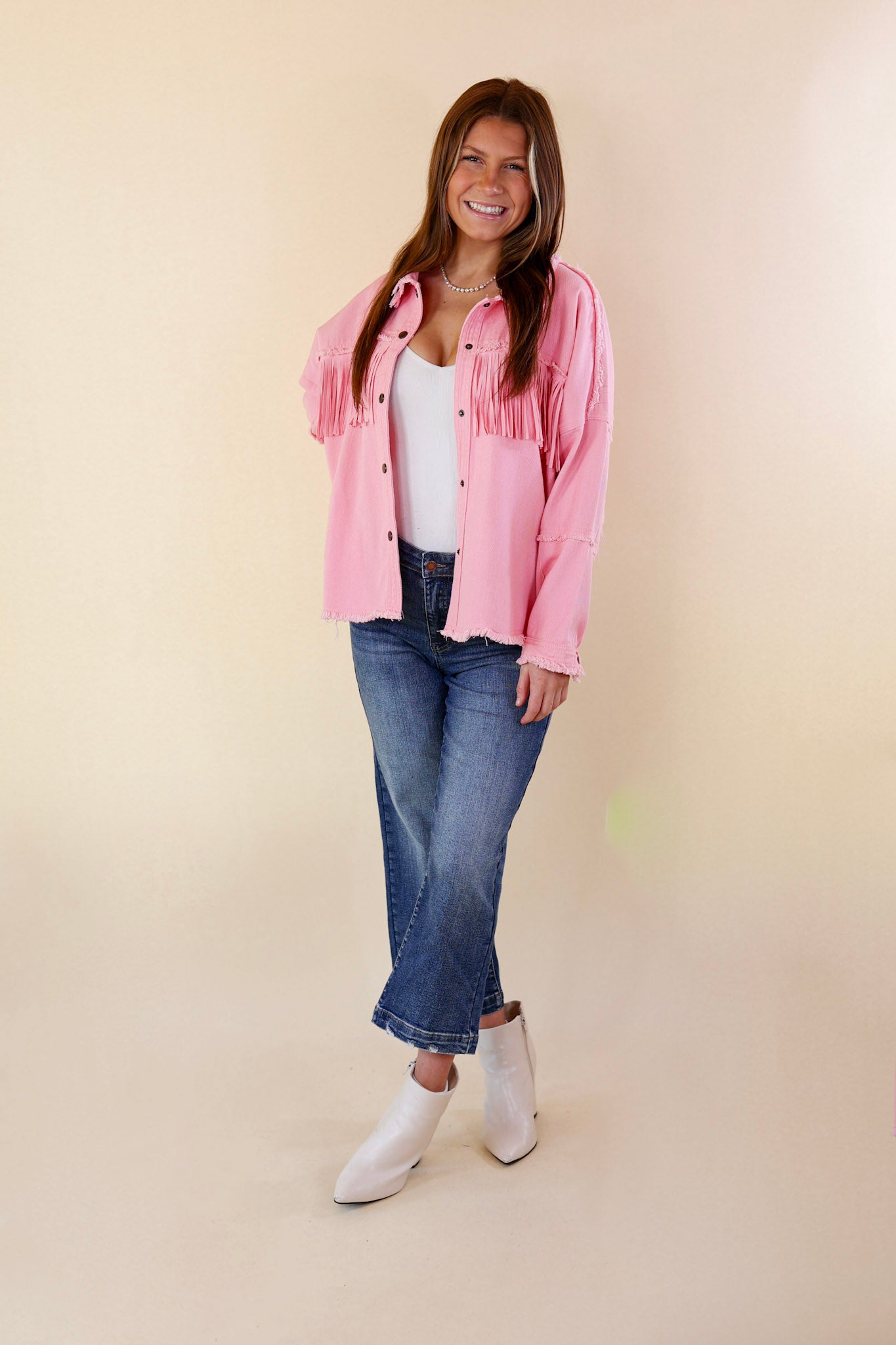Not A Secret Fringe Button Up Jacket with Raw Hem in Electric Pink - Giddy Up Glamour Boutique