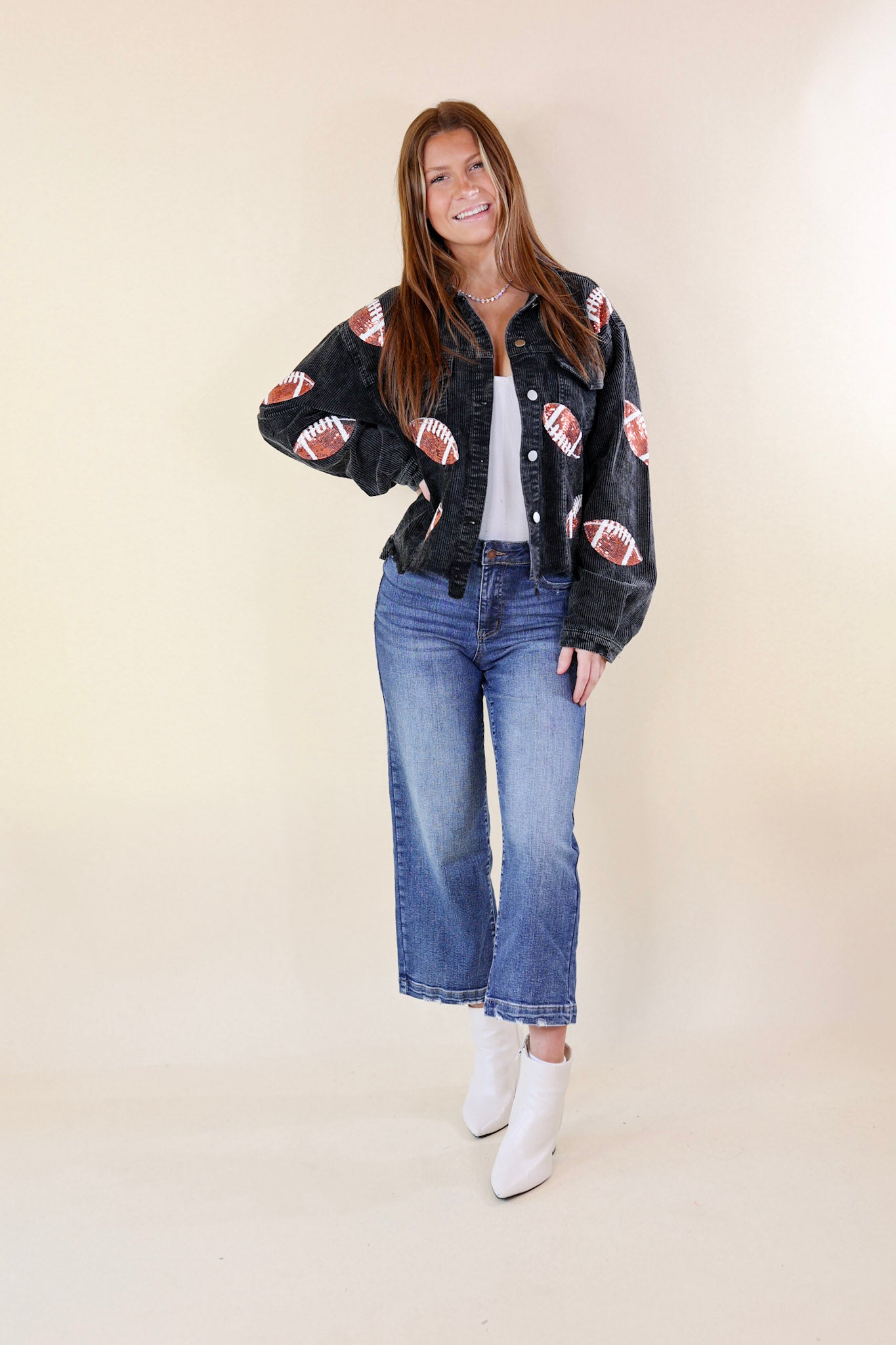 Gameday Ready Corduroy Shacket with Sequin Football Patches in Black - Giddy Up Glamour Boutique