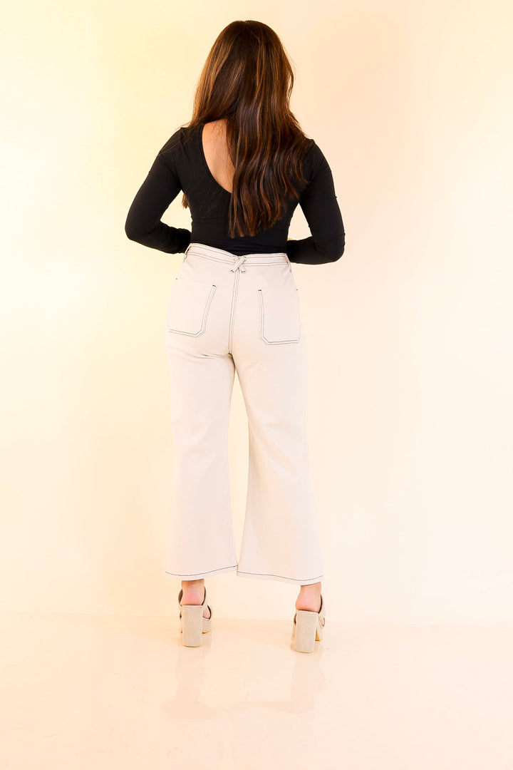 Patch Me In Denim Wide Leg Cropped Jean with Front Patch Pocket and Crochet Trim in Cream