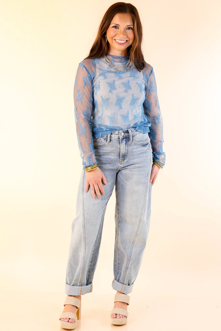 Delicate Charm Long Sleeve Sheer Lace Top with Mock Neck in Blue