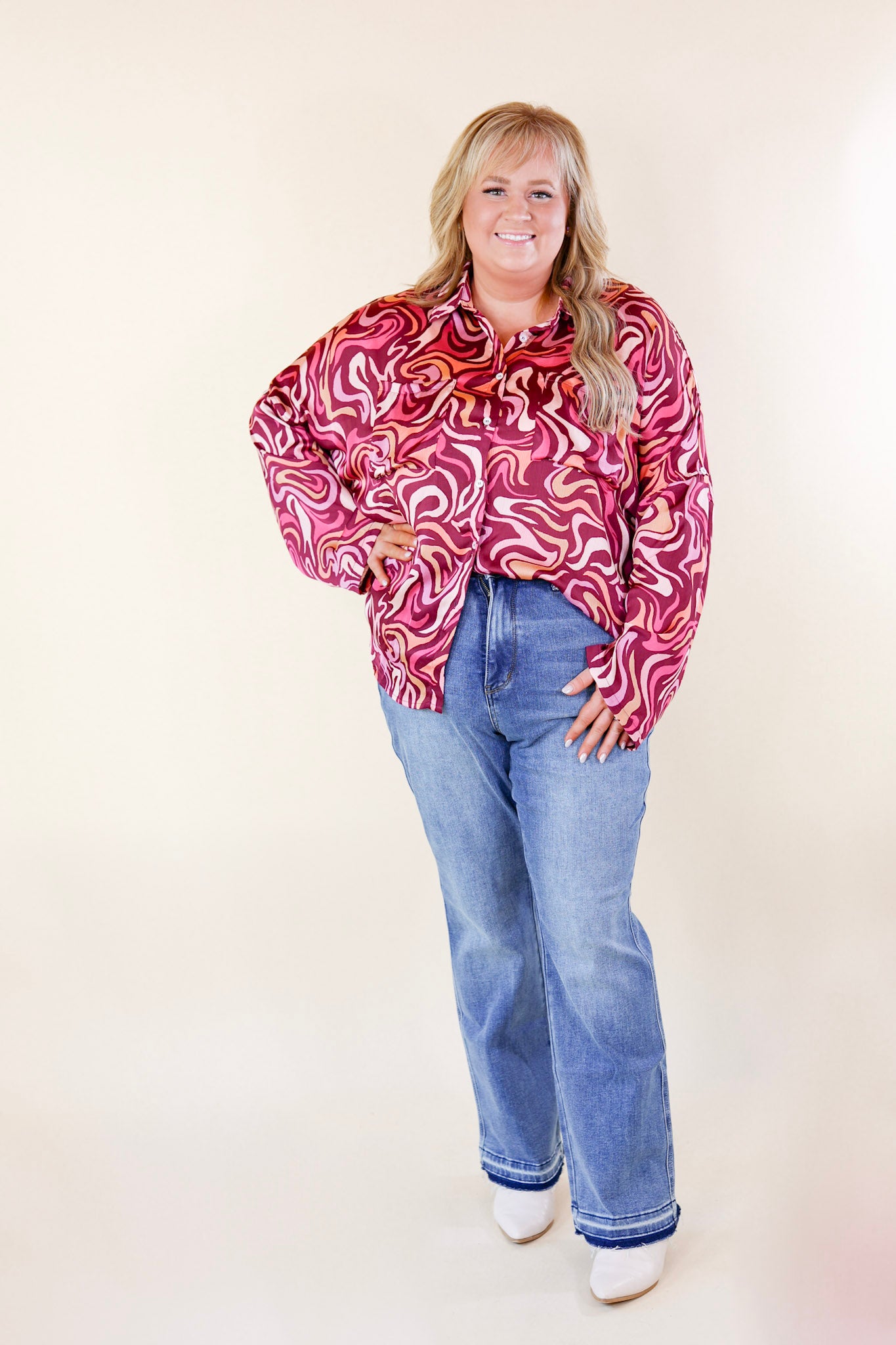 A Perfect Day Swirl Print Button Up Top in Magenta Purple - Giddy Up Glamour Boutique