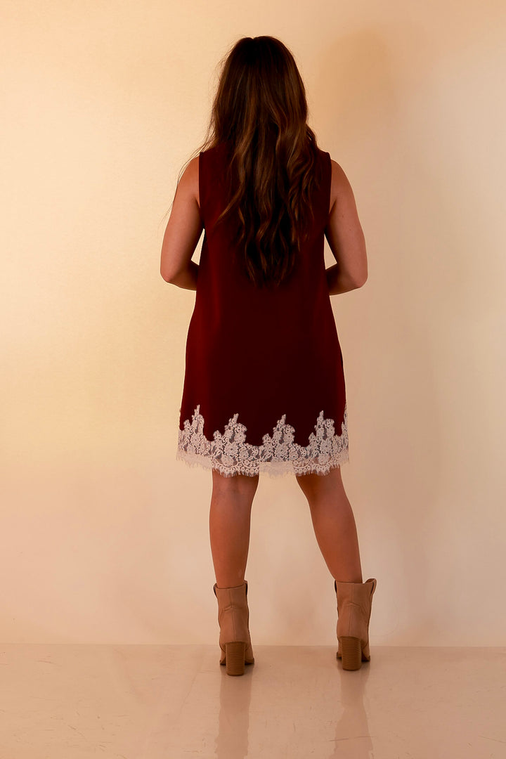 Just a Little Something Sleeveless Knit Mini Dress with Lace Trim in Maroon