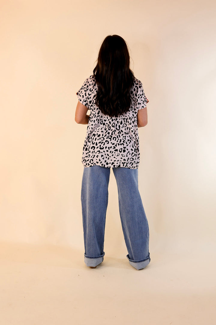 Fredericksburg In the Spring Leopard Print Embroidered Top with Front Keyhole in Blush Pink