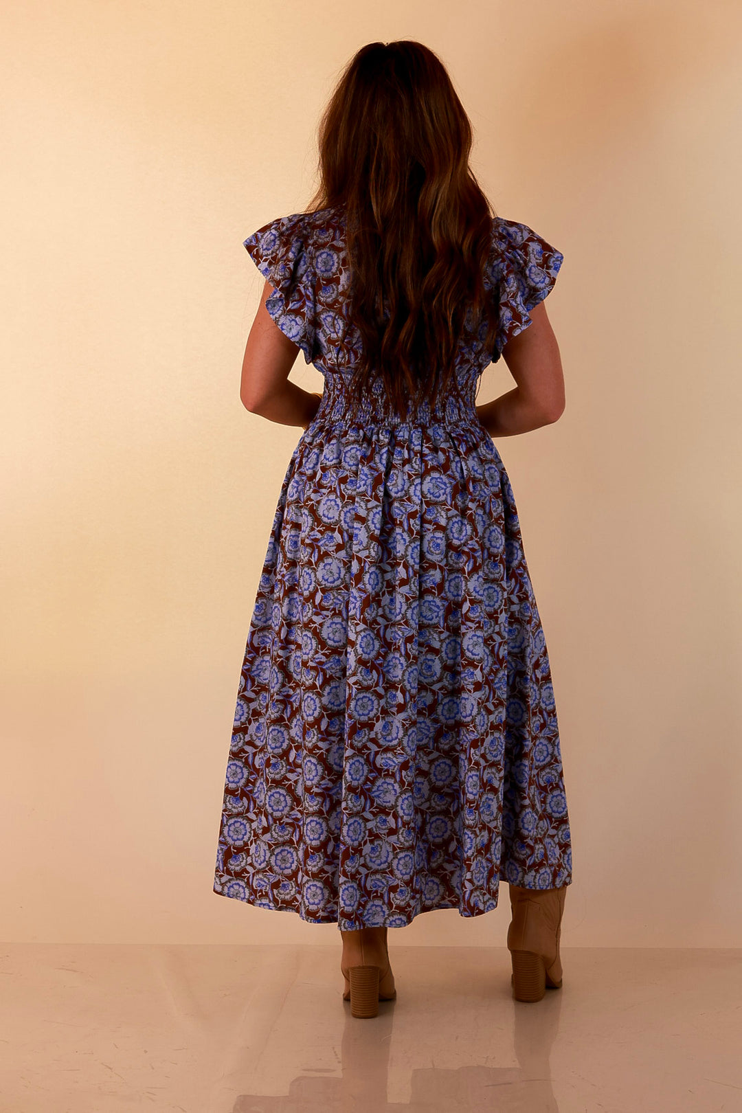 Modern Grace Zip Front Midi Floral Print Dress with Smocked Waist and Short Flutter Sleeves in Brown and Periwinkle Blue