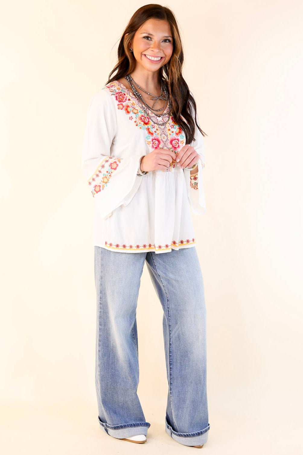 Joyous Moments 3/4 Bell Sleeve Embroidered Babydoll Top in White