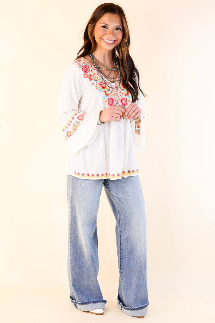 Joyous Moments 3/4 Bell Sleeve Embroidered Babydoll Top in White