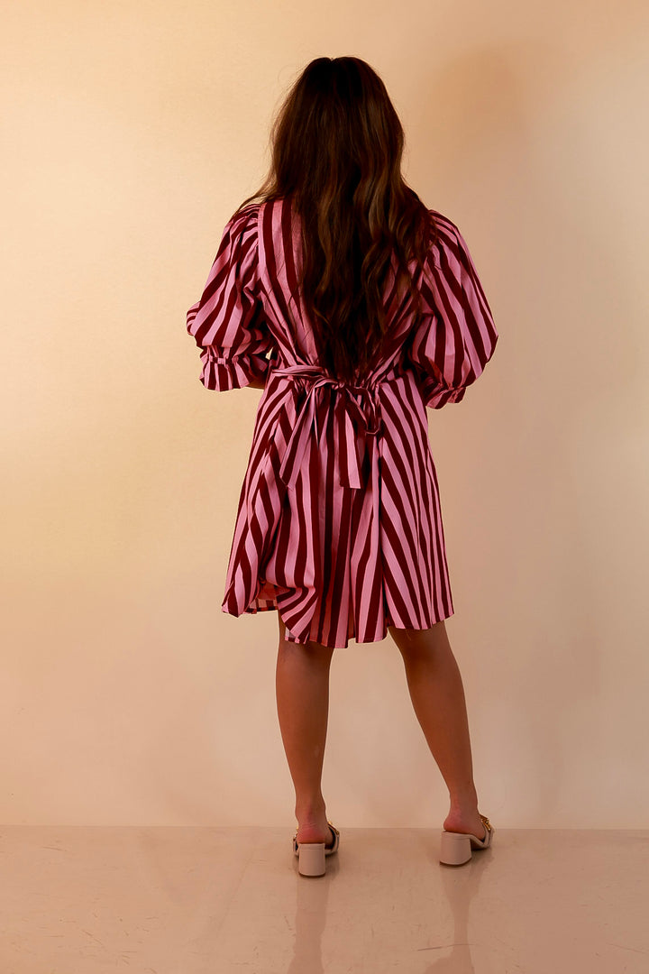 Talk of the Town Striped Ruffle Sleeve Babydoll Dress with Cinched Waist Feature in Maroon and Pink