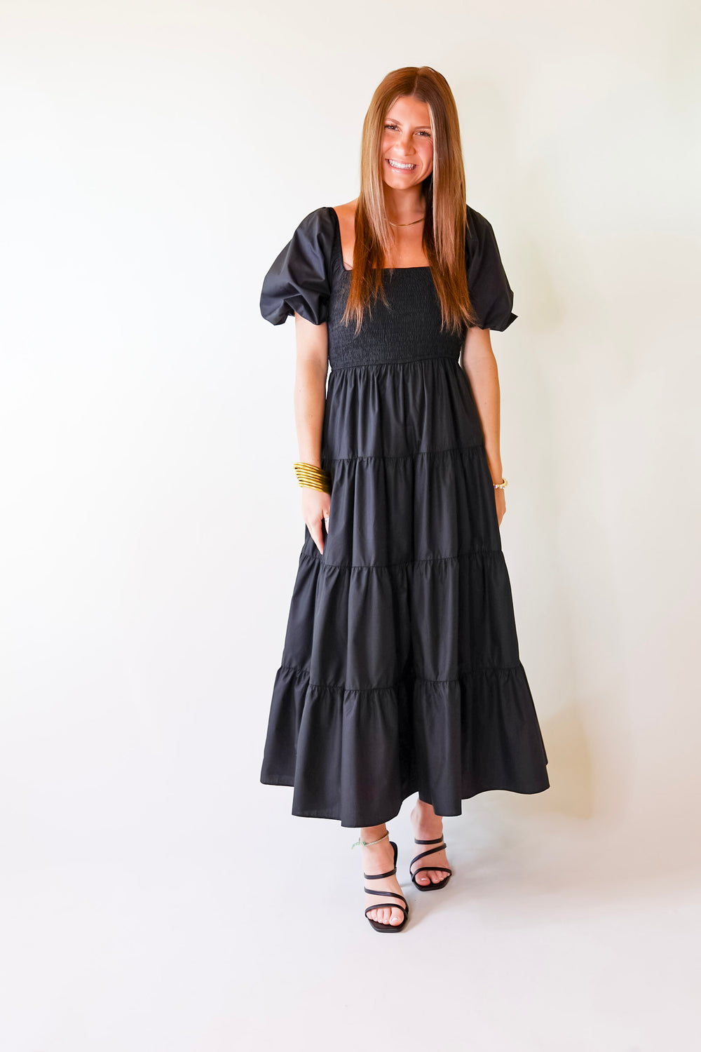Santorini Sunshine Short Balloon Sleeve Maxi Dress in Black - Giddy Up Glamour Boutique
