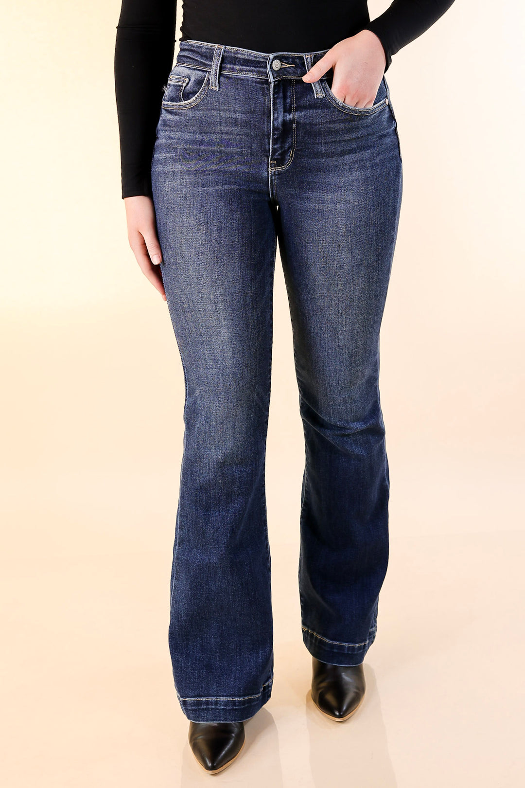 Judy Blue | Perfect Angles Flare Jean with an Angled Side Seam in Dark Wash