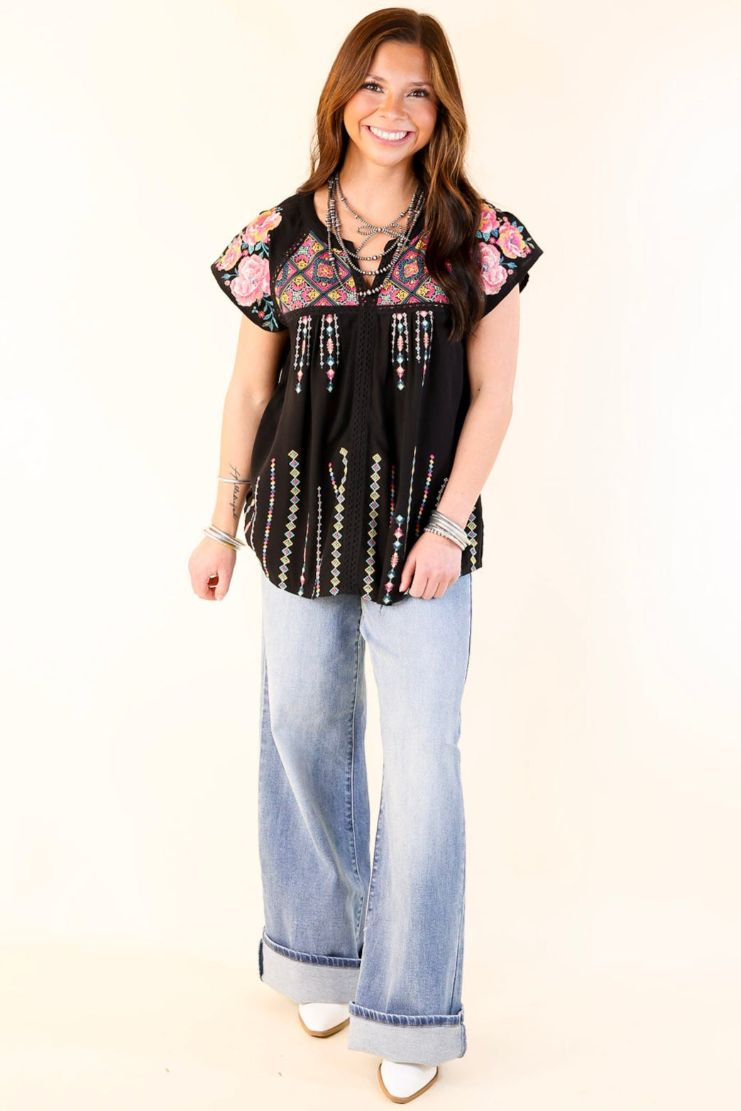 On A Journey Floral Embroidered V Notched Blouse in Black