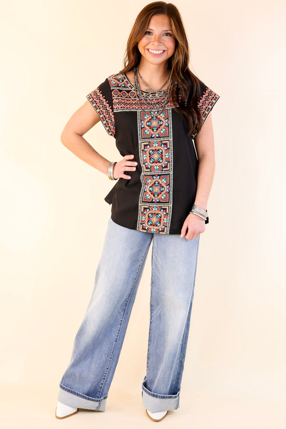 Take A Trip Multi Color Embroidered Cap Sleeve Top in Black