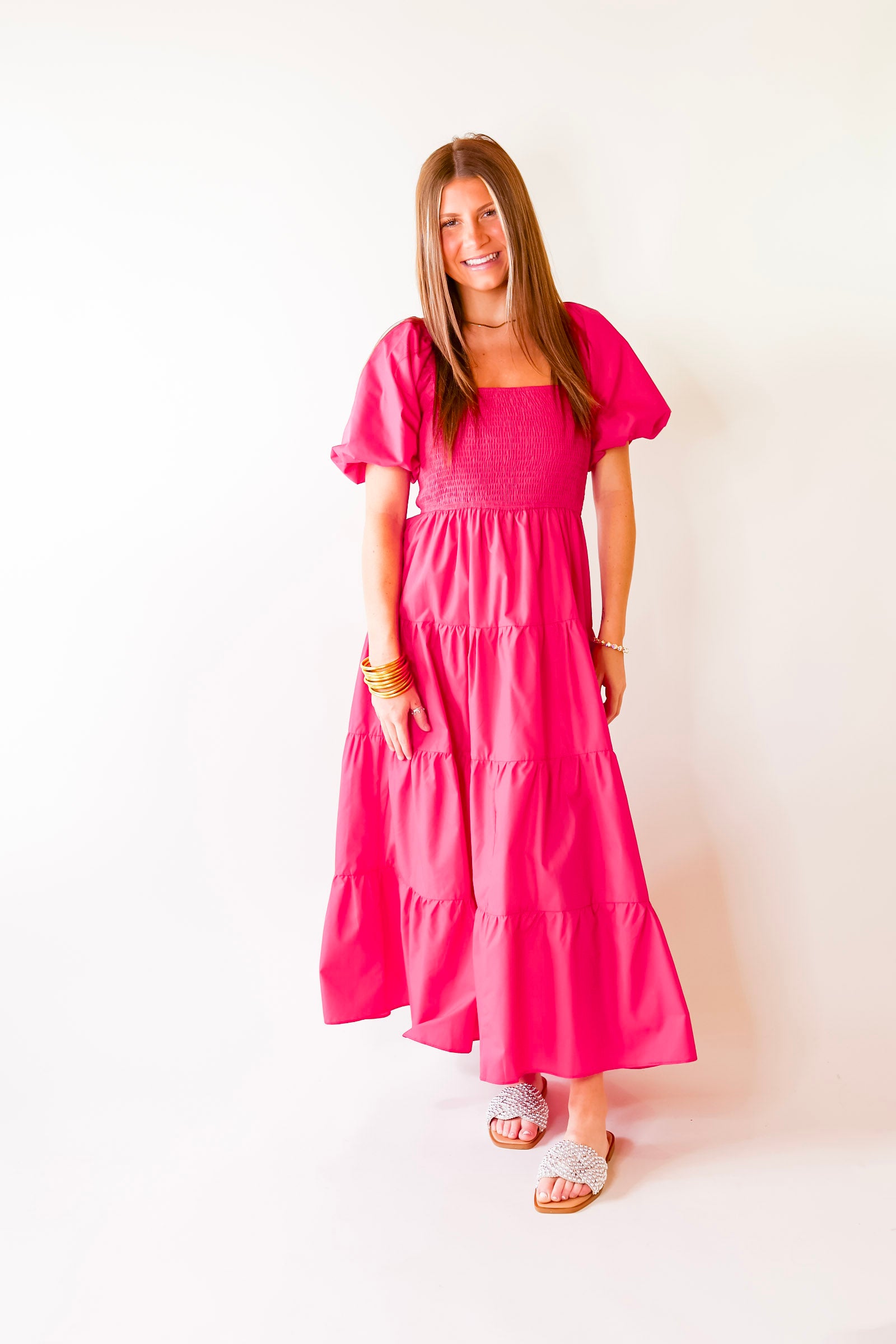 Santorini Sunshine Short Balloon Sleeve Maxi Dress in Fuschia Pink - Giddy Up Glamour Boutique