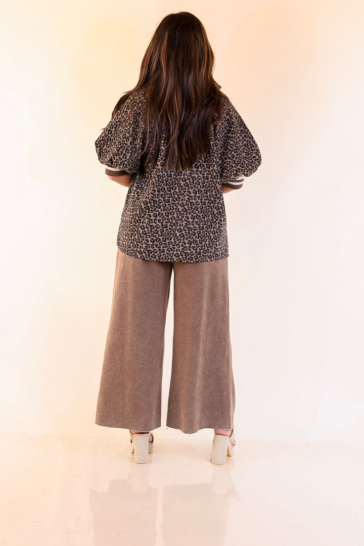 Bold Instincts Leopard Print Half Zip Top with Puff Sleeves in Brown and Cream