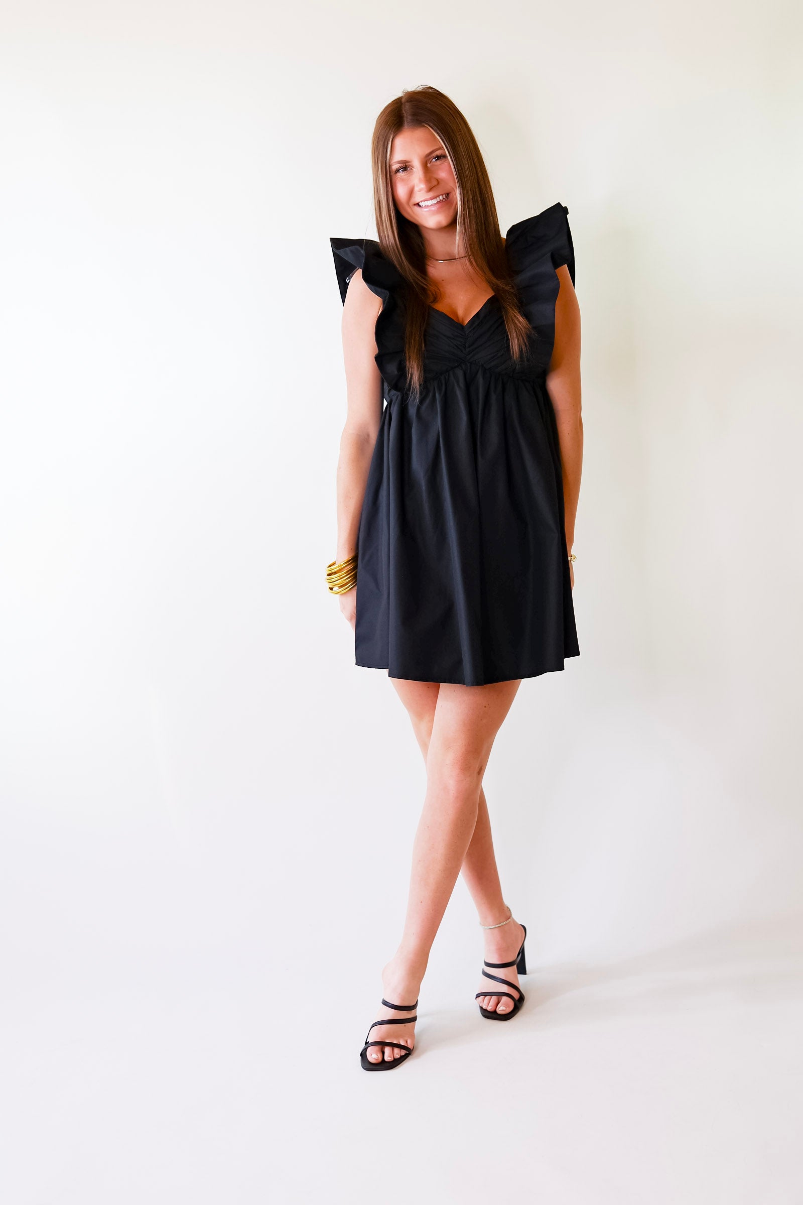 Pixie Perfect Ruffled Sleeve V Neck Dress in Black - Giddy Up Glamour Boutique