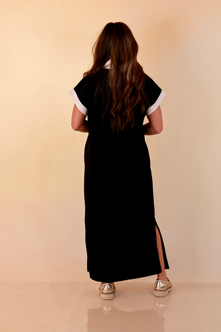 Park Avenue Solid Short Sleeve Knit Midi Dress with Ivory Trim in Black