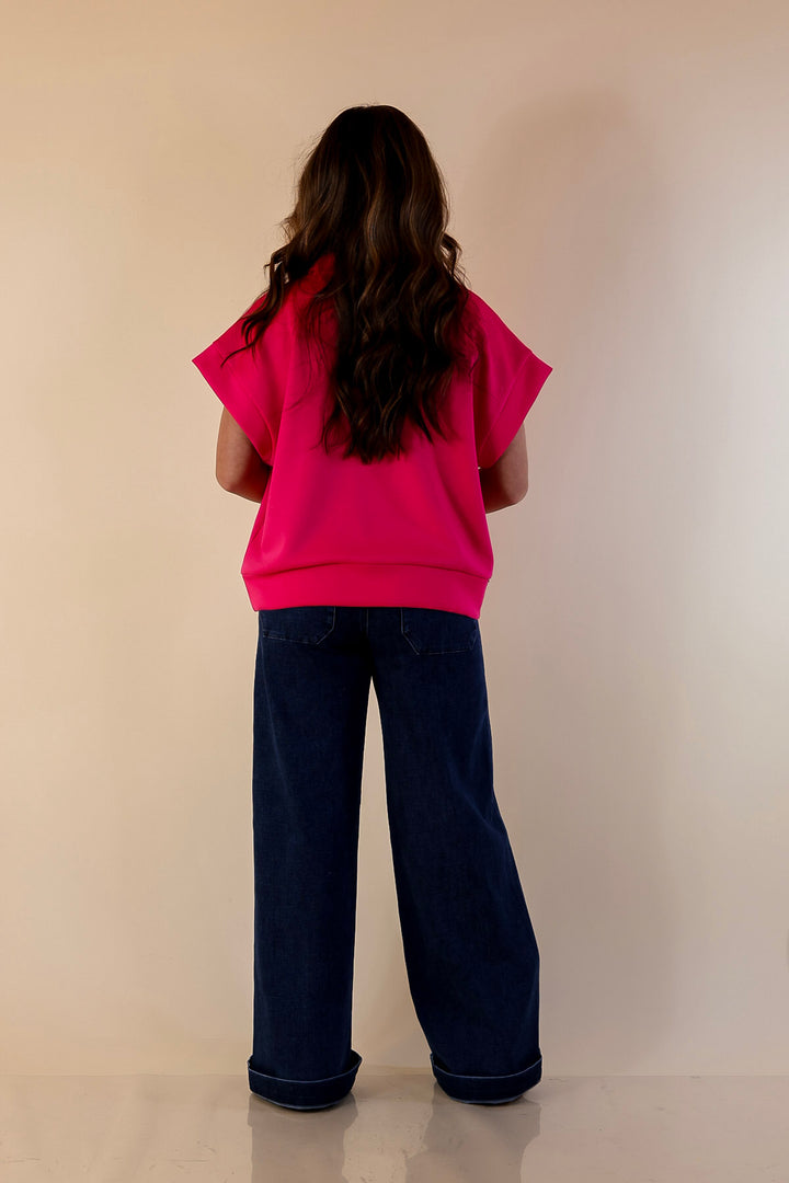 Top Priority Half Zip Collared Scuba Top in Hot Pink