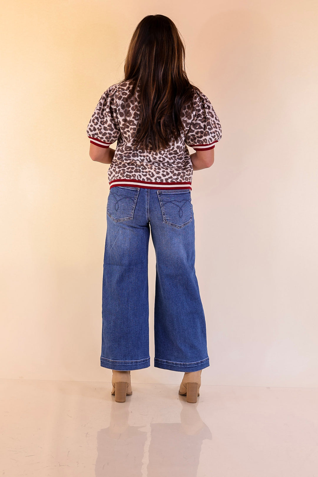 Feline Fine Leopard Print Short Sleeve Sweater with Contrast Trim in Maroon