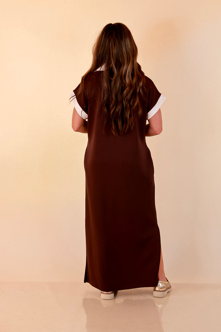 Park Avenue Solid Short Sleeve Knit Midi Dress with Ivory Trim in Chocolate Brown