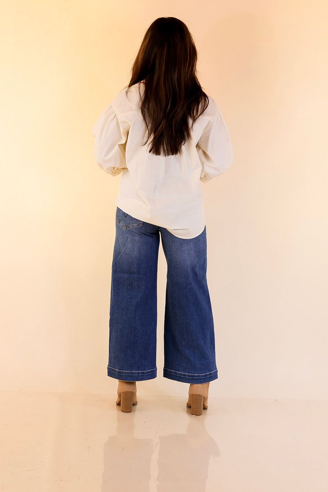 Ripple Effect Puff Sleeve Button-Up Top with Rick-Rack Trim Detailing in Cream