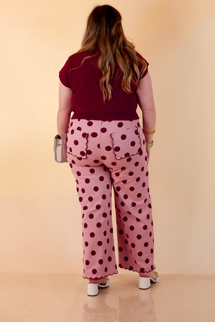 Polished Play Polka Dot Print Wide Leg Denim Pants with Scallop Detailing in Blush Pink and Maroon