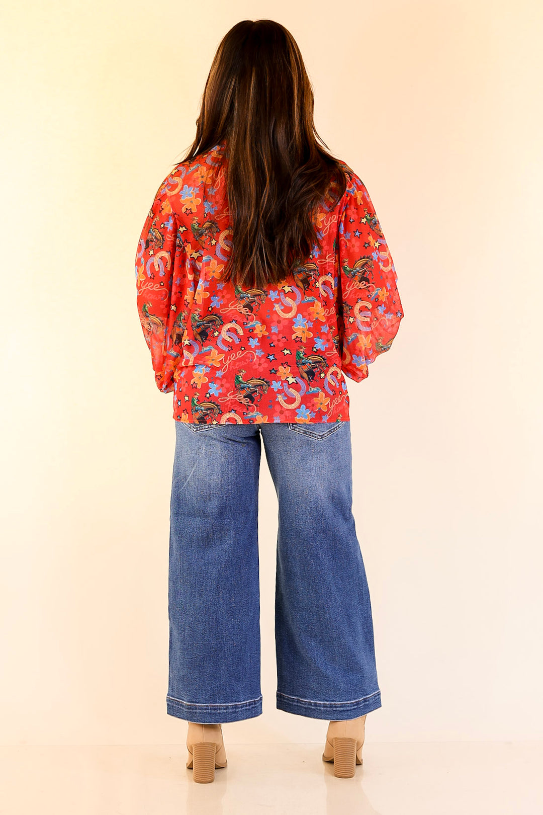 Winning Streak Button Up Collared Horseshoe Print Mesh Top with Long Balloon Sleeves in Red