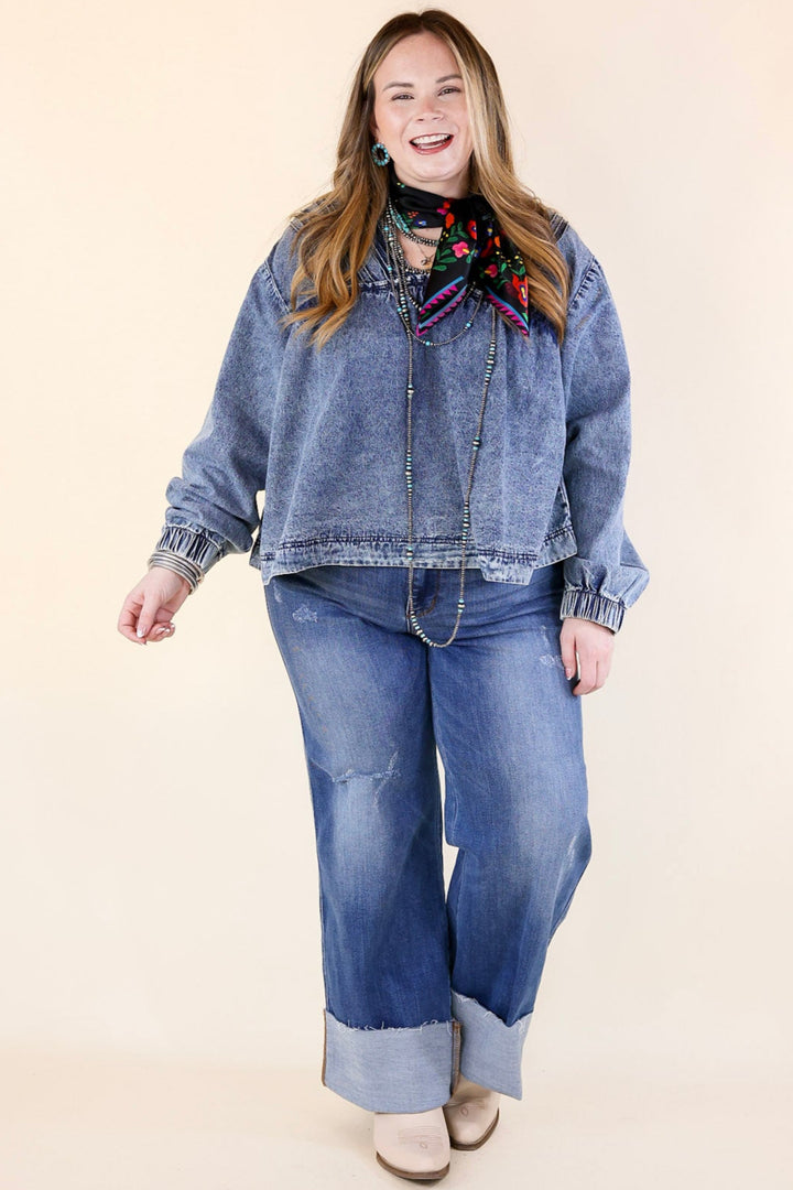 Western Soul Long Sleeve V Neck Denim Top in Medium Wash