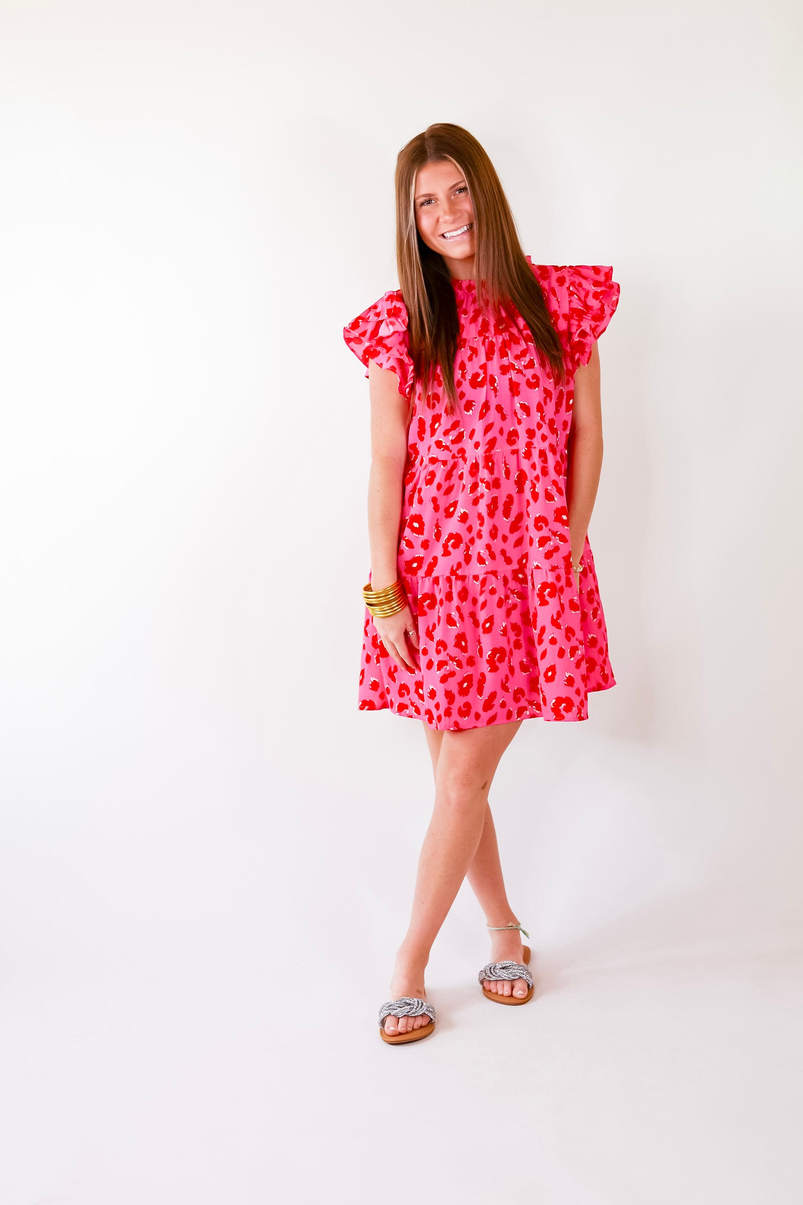 Daring and Delightful Leopard Print Dress with Ruffle Cap Sleeves in Pink