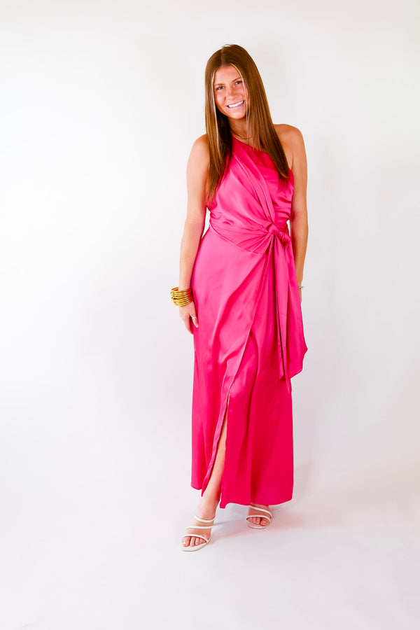 Luxury Glam One Shoulder Slit Dress in Fuschia Pink