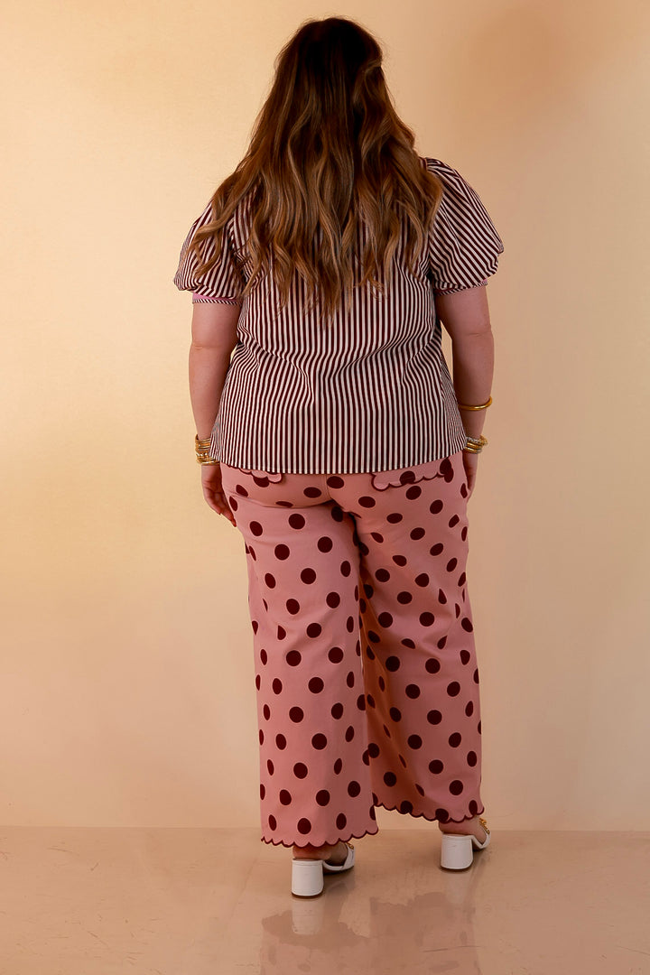 Pop of Polish Short Puff Sleeve Button Front Top with Contrast Trim in White, Maroon, and Pink