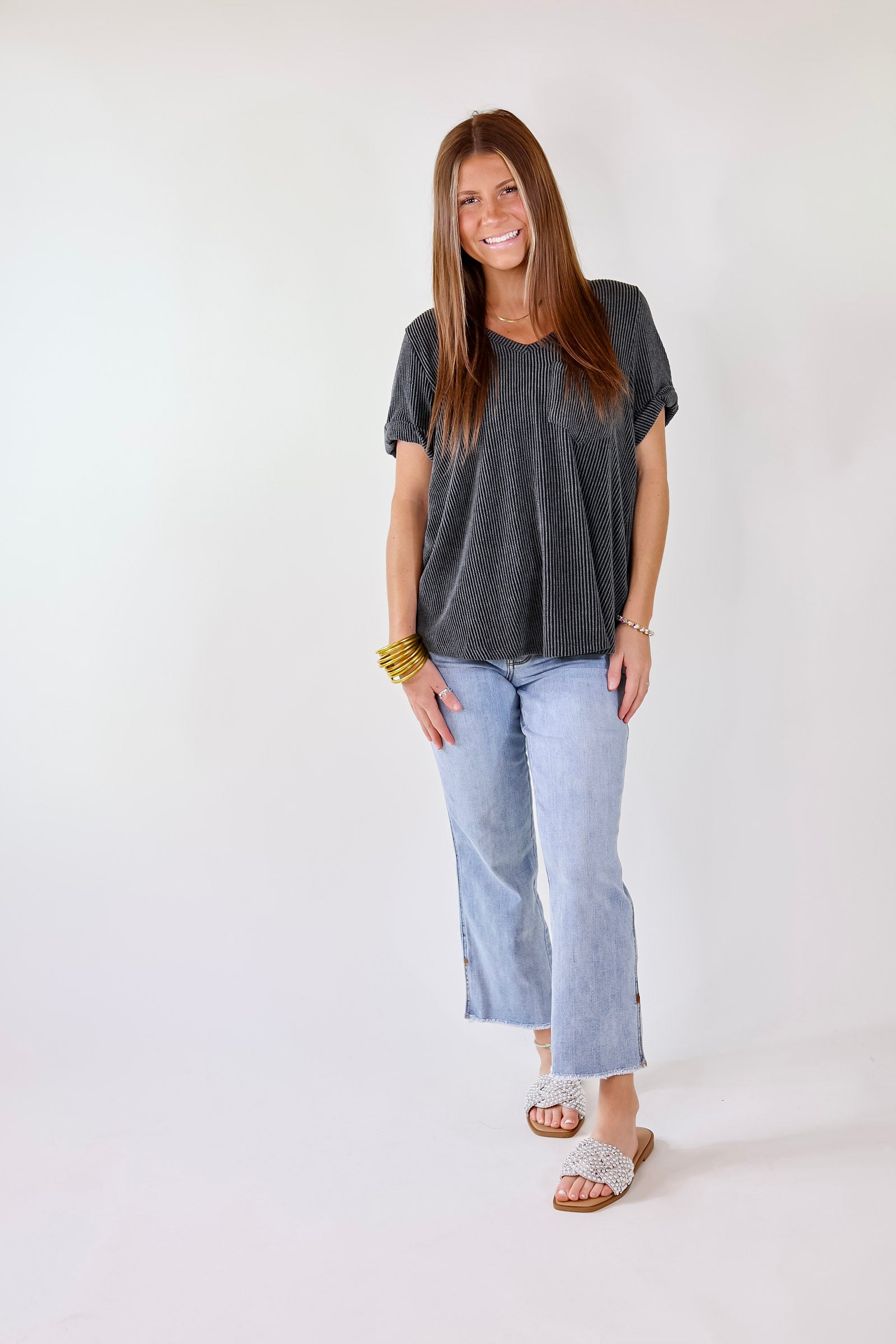 Only True Love Ribbed Short Sleeve Top with Front Pocket in Charcoal Black
