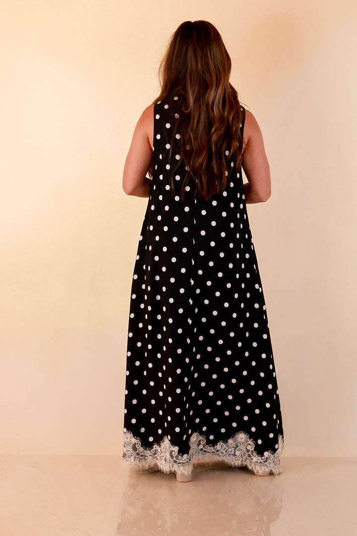 Sweet Little Something Polka Dot Sleeveless Maxi Dress with Lace Trim in Black
