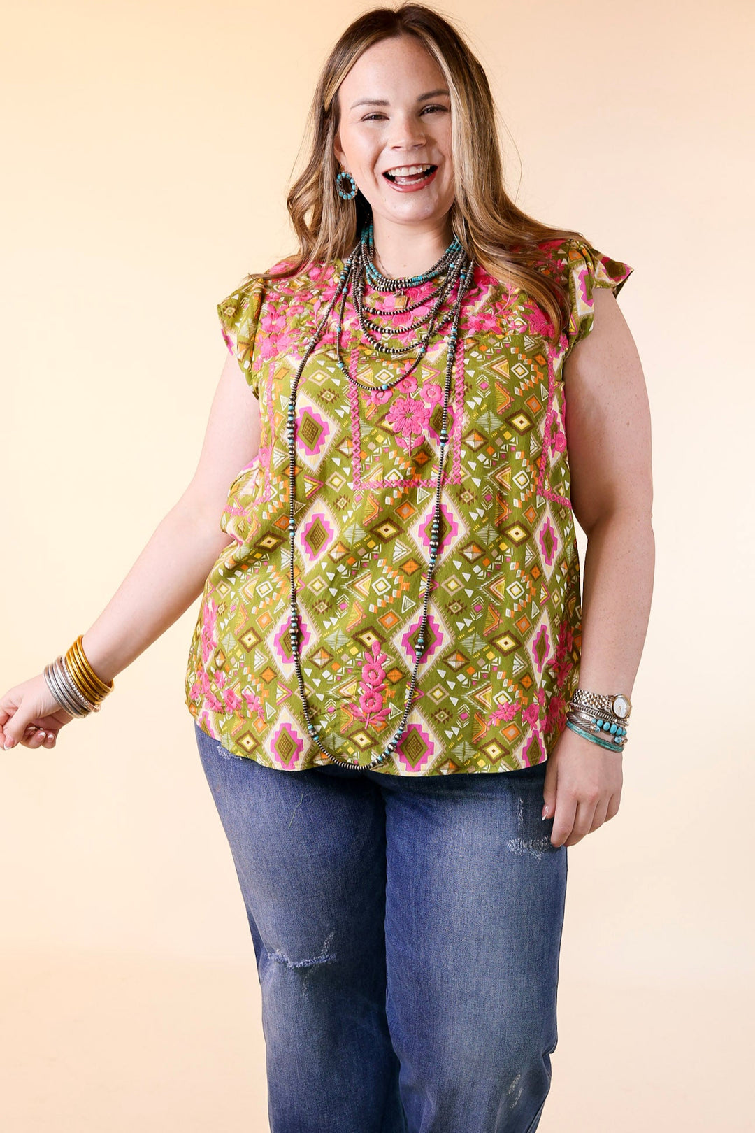 Sweet Serenade Aztec Print Top with Pink Floral Embroidery in Olive Green